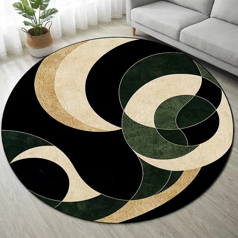 Tapis rond minimaliste abstrait vert et or à lignes courbes, base noire, antidérapant, tapis géométrique doux pour la décoration de la chambre à coucher et du salon