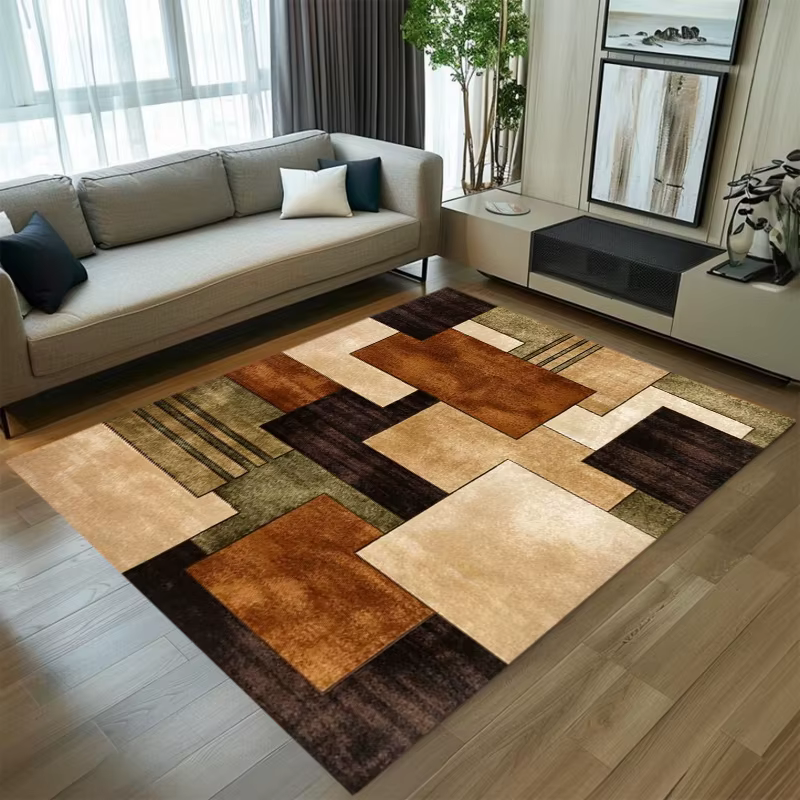 Tapis géométrique doux antidérapant marron beige patchwork pour salon chambre à coucher, facile à nettoyer, décoration moderne pour la maison