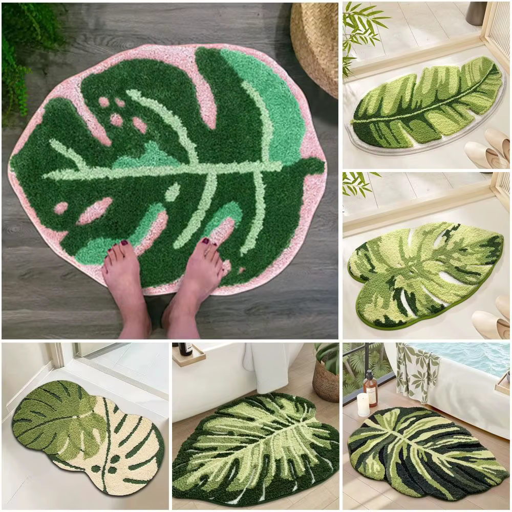 Tapis de sol de salle de bain en forme de feuille, en TPR, antidérapant, épaissi, absorbant l'eau, motif feuille, tapis de bain antidérapant