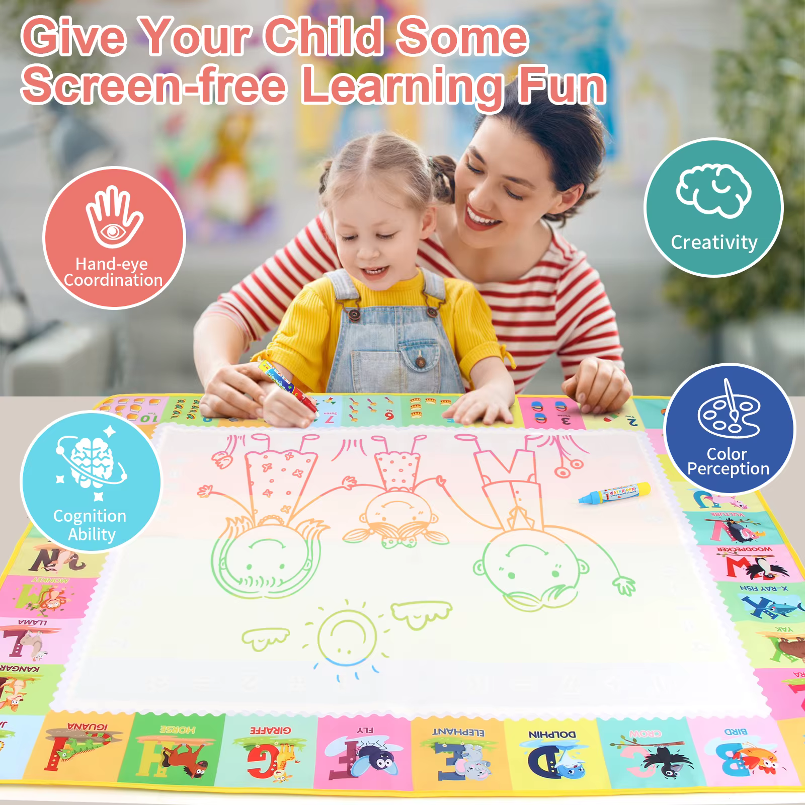 Tapis de dessin à l'eau magique 100x80CM, avec stylos magiques réutilisables, planche de peinture Doodle Montessori, jouets éducatifs, cadeaux pour enfants 39x31 pouces