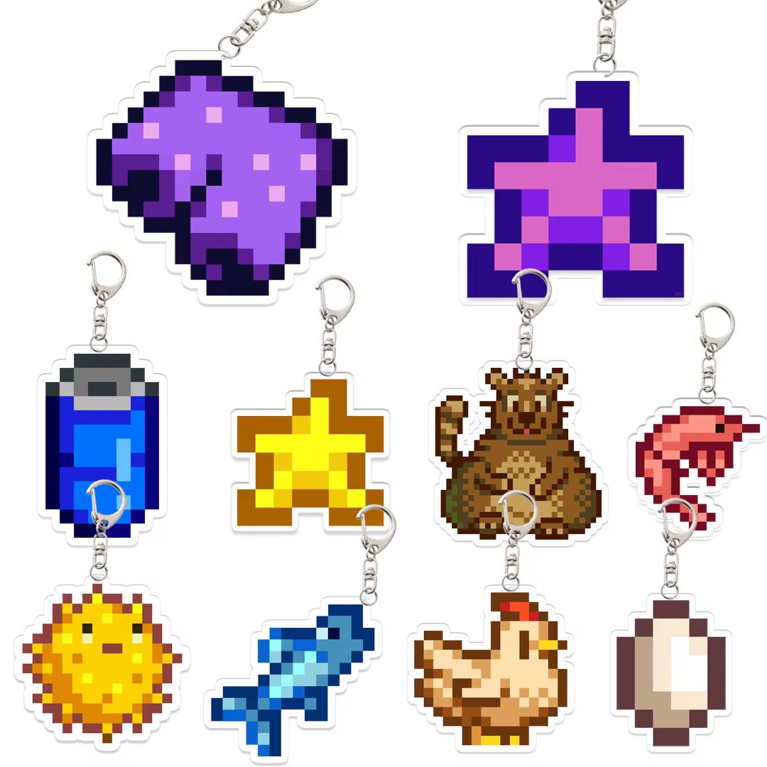 Porte-clés pantalon violet Stardew Valley, accessoires de jeu animé, crabe, œuf, crevettes, intérêt créatif, accessoire de décoration pour étudiant, pendentif