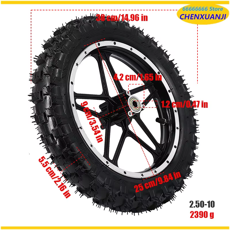 Roues de 10 pouces 2.50-10 adaptées aux mini-motos tout-terrain, aux motos, aux vélos pour enfants, remplacement de roue avant ou arrière