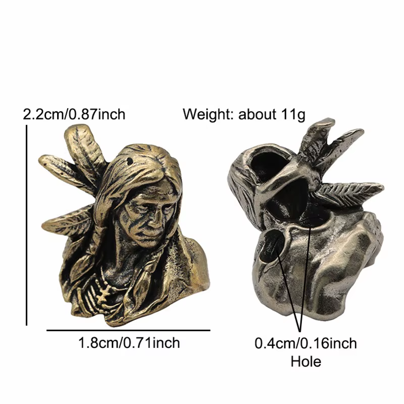 Pendentifs sculptés en laiton en forme de tête de chef indien, perles de couteau, accessoires EDC pour activités de plein air, DIY, paracorde, bracelet tressé fait main, cordon