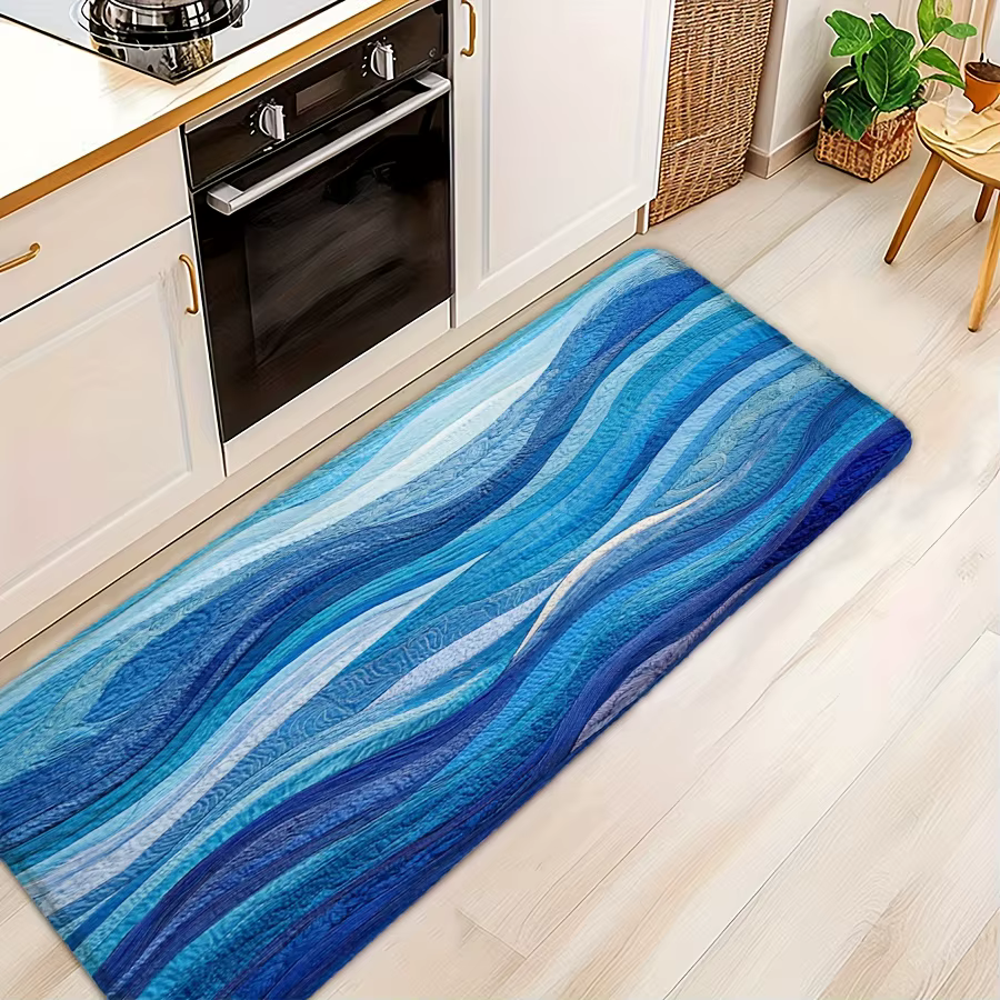 Tapis de bain à motif ondulé bleu riche, tapis antidérapant lavable en machine, idéal pour l'entrée de cuisine de salle de bain, cadeau de pendaison de crémaillère parfait