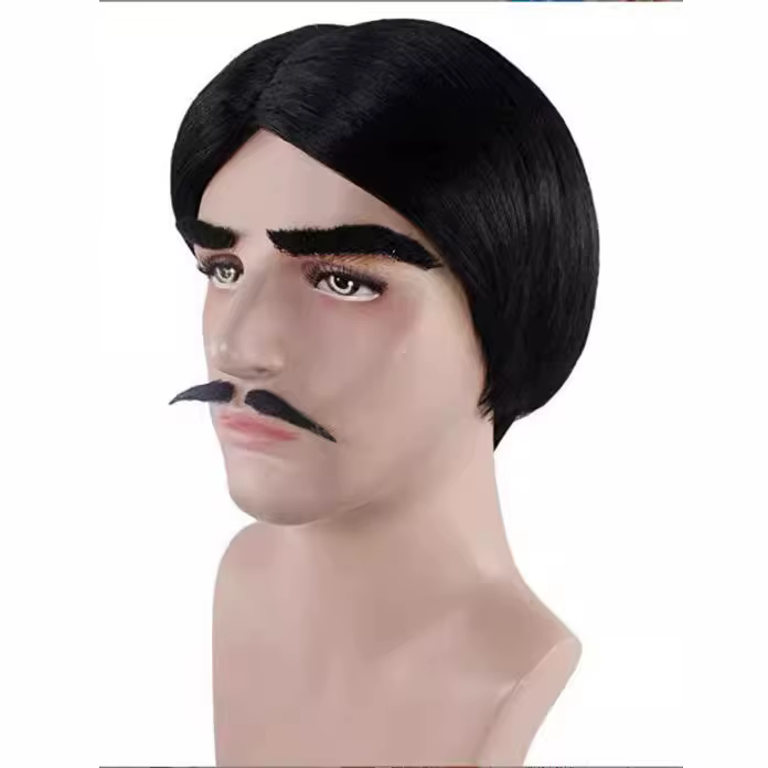 Perruque de cosplay Gomez Addams du musical Broadway « La Famille Addams », ensemble perruque, barbe et sourcils pour fête et déguisement