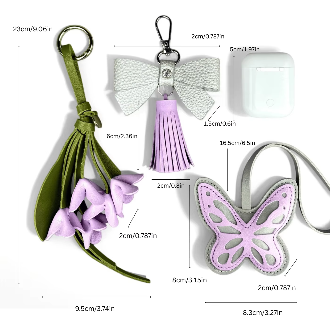 Ensemble de porte-clés et breloques Papillon et Fleur Violets, Accessoires de sac floraux en cuir PU mignons pour les amateurs de violettes / Fleurs réalistes / Excellent cadeau