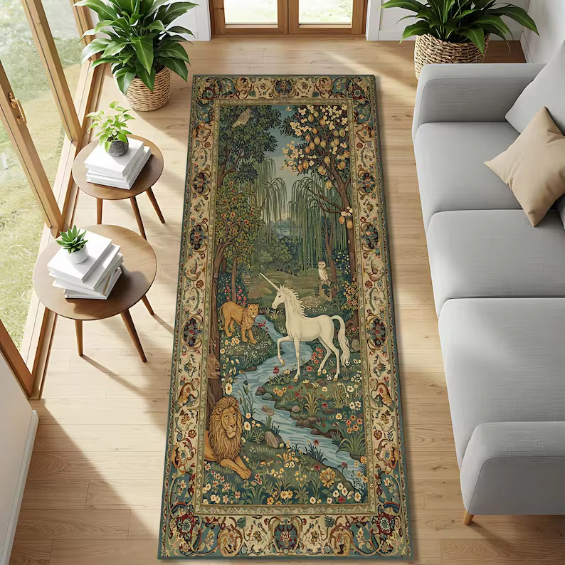 Tapis de sol à motif de forêt de licornes fantastiques, décoration de la maison, tapis de sol vintage moderne pour couloir et salon