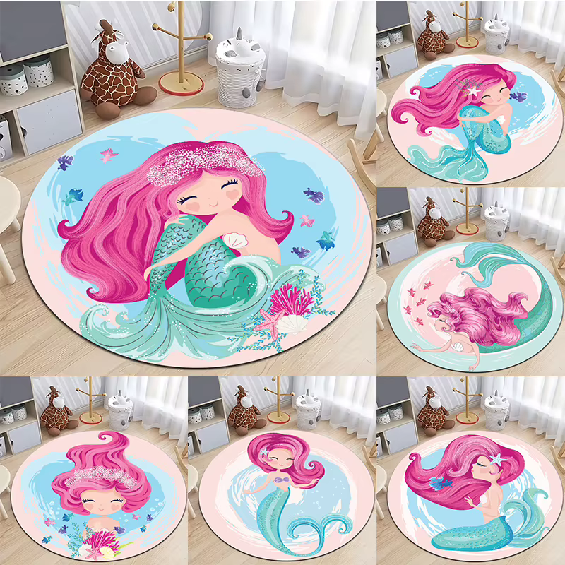 Tapis rond imprimé sirène de dessin animé, pour chambre d'enfants, salon, tapis de sol antidérapant, pour canapé, Table, décoration de maison, chambre de filles