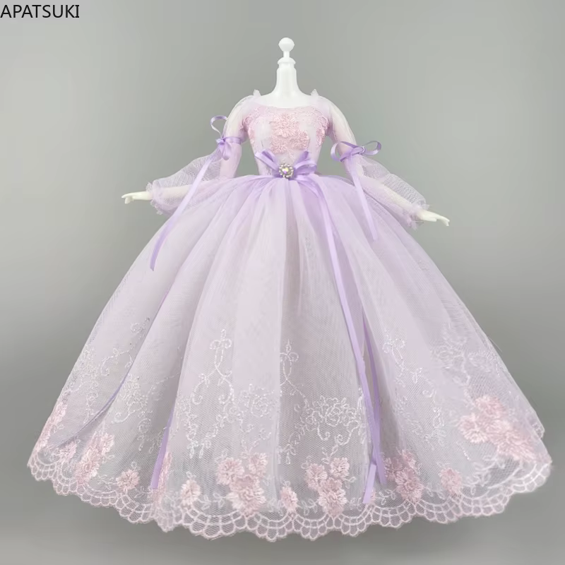 Robe de princesse violette faite à la main pour poupée Barbie, tenues pour poupées 1/6, accessoires, manches bouffantes, nœud papillon, robe de soirée, jouets