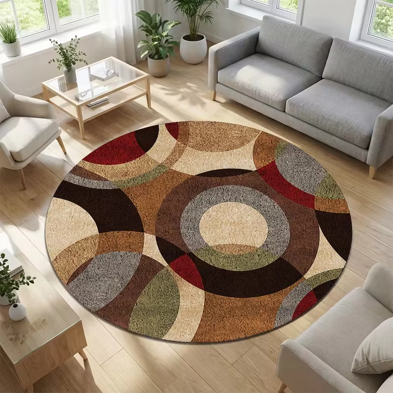Tapis rond minimaliste abstrait vert et or à lignes courbes, base noire, antidérapant, tapis géométrique doux pour la décoration de la chambre à coucher et du salon